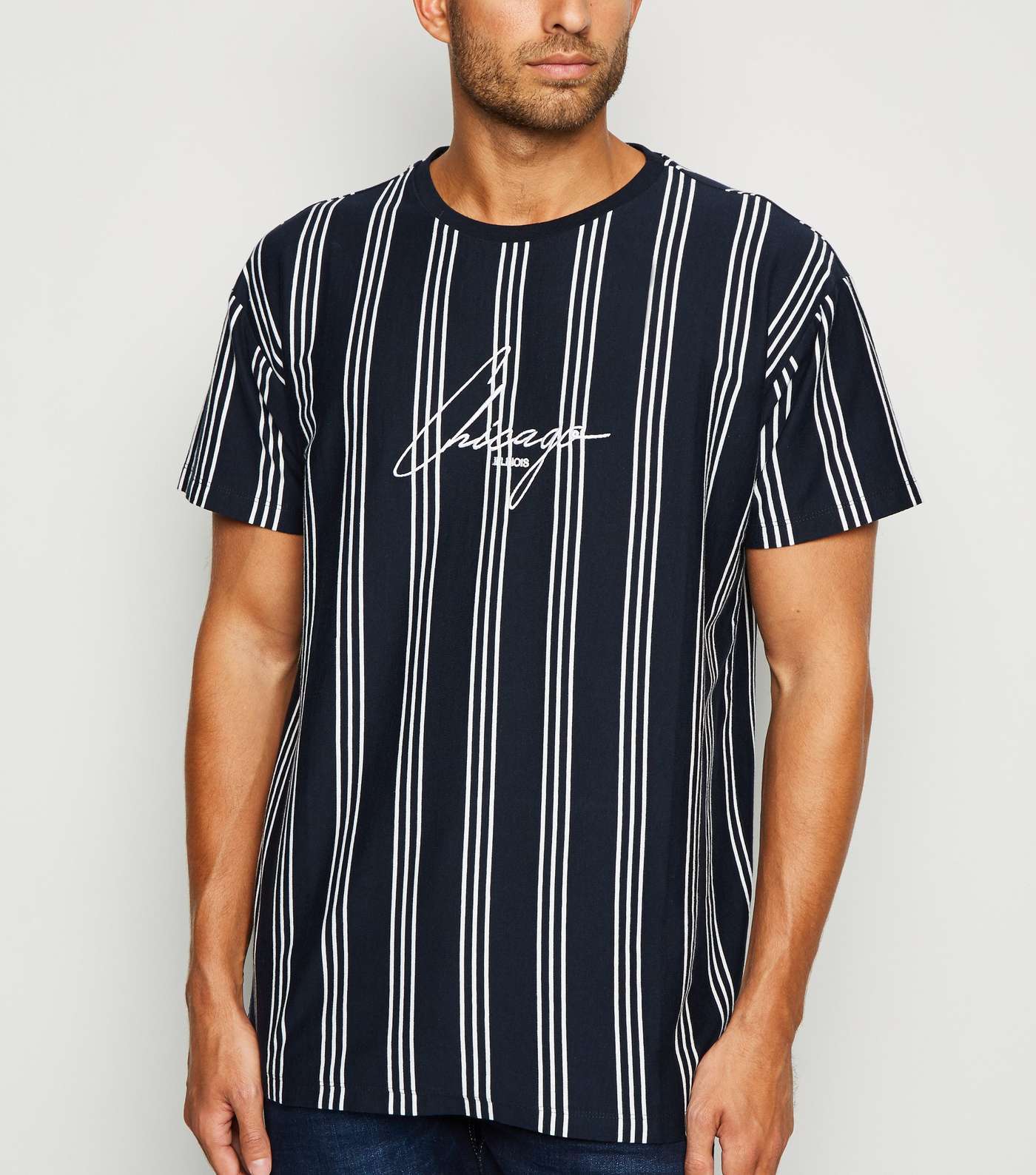Navy Vertical Stripe Chicago Slogan T-Shirt