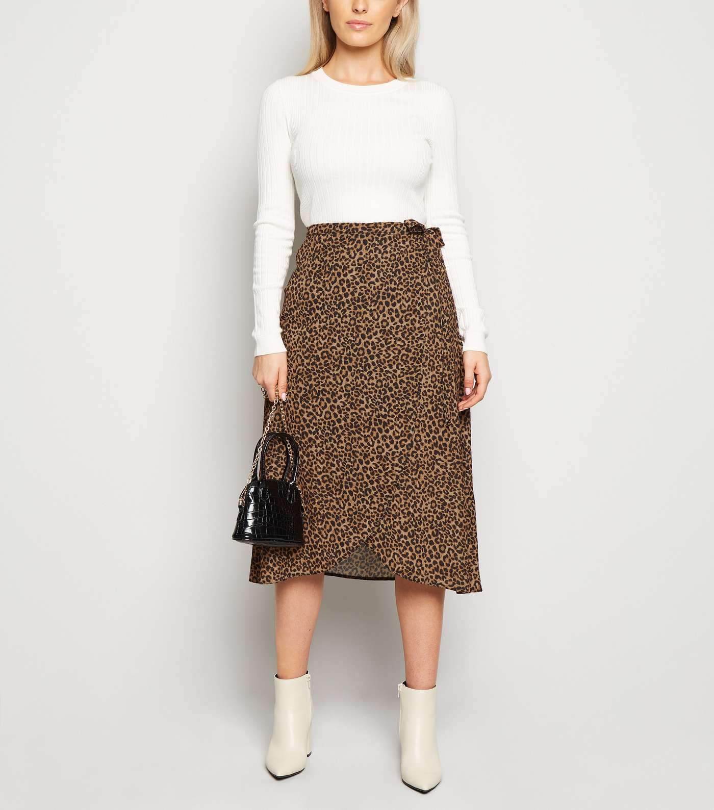 Petite Brown Leopard Print Wrap Midi Skirt 