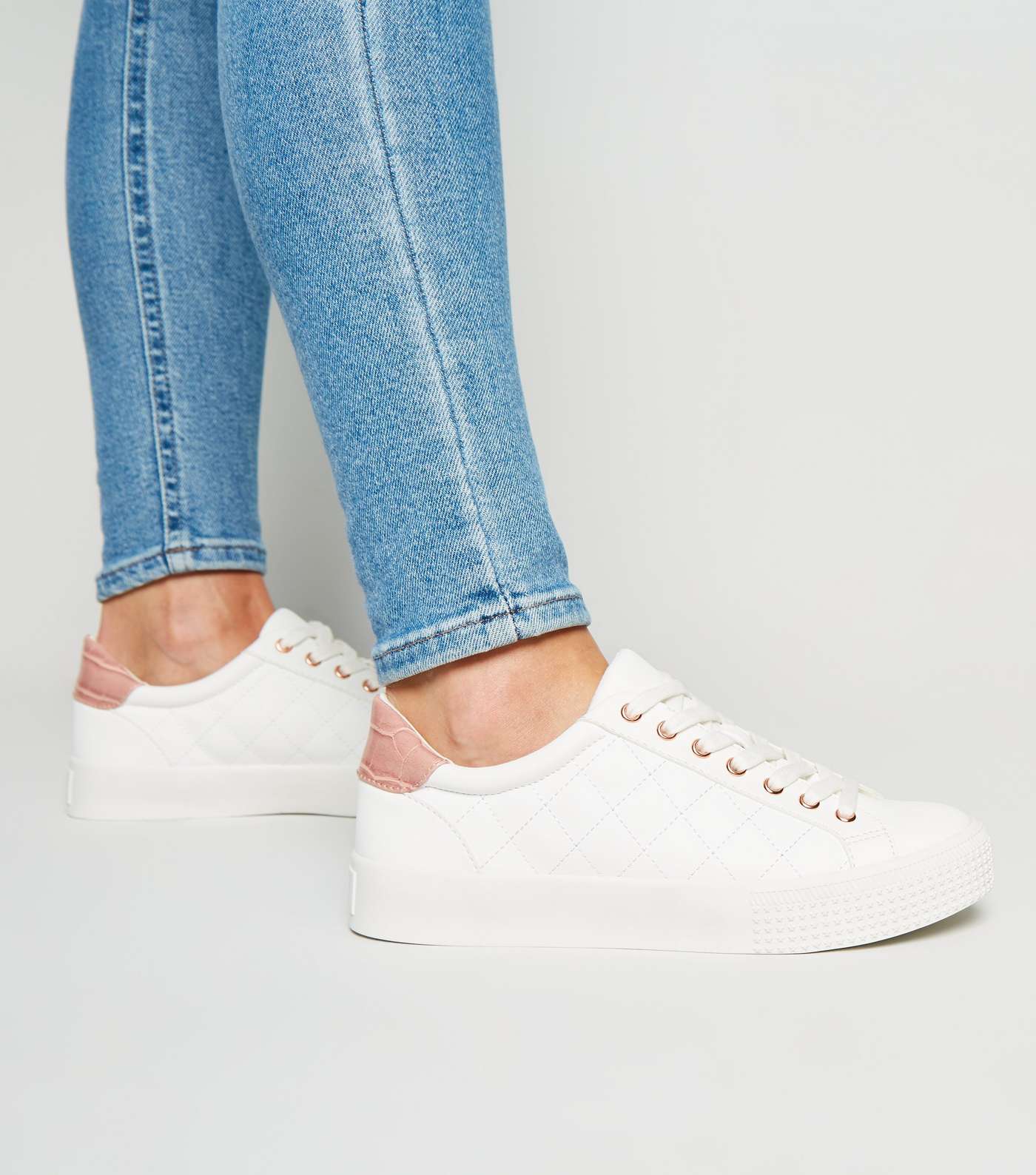 White Leather-Look Quilted Lace Up Trainers Image 2