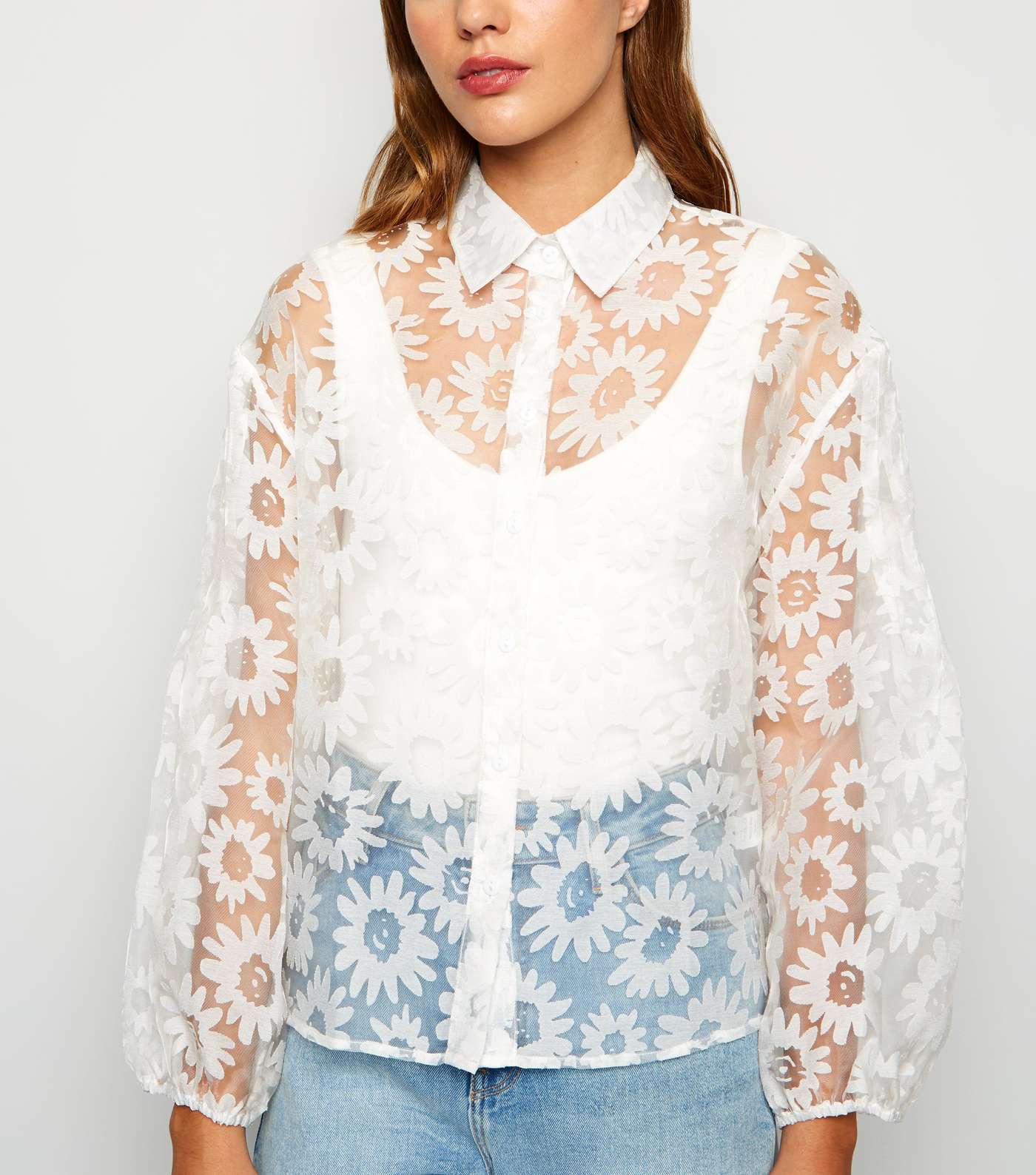 White Floral Organza Puff Sleeve Shirt