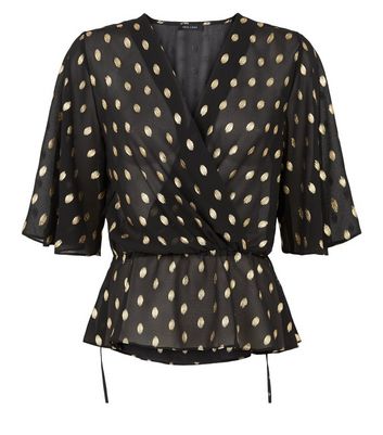 Black Chiffon Metallic Spot Wrap Blouse 