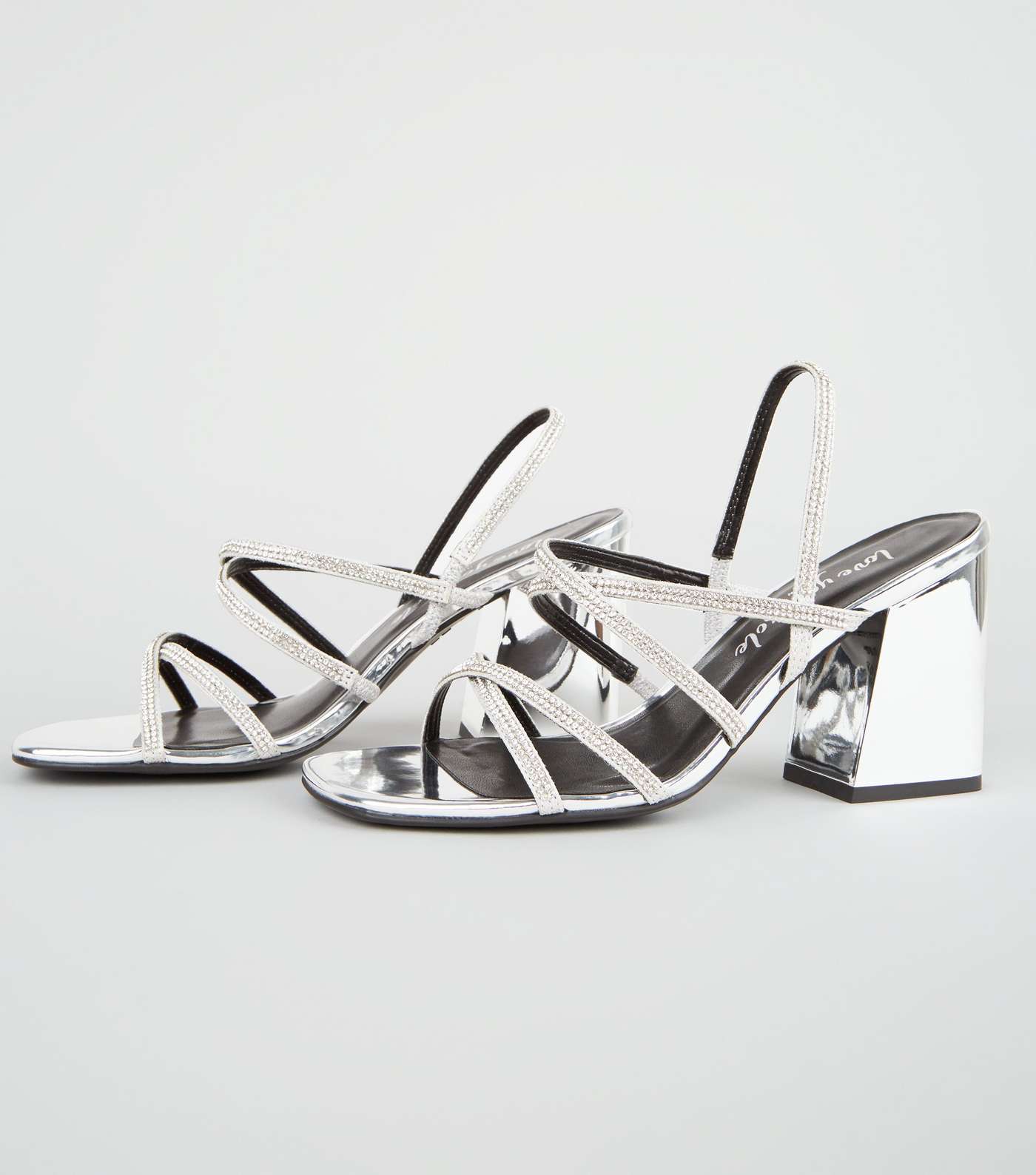 Silver Metallic Diamanté Strappy Flared Heels Image 3