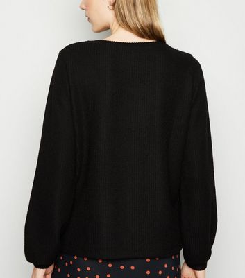 Black Ribbed Balloon Sleeve Jumper 