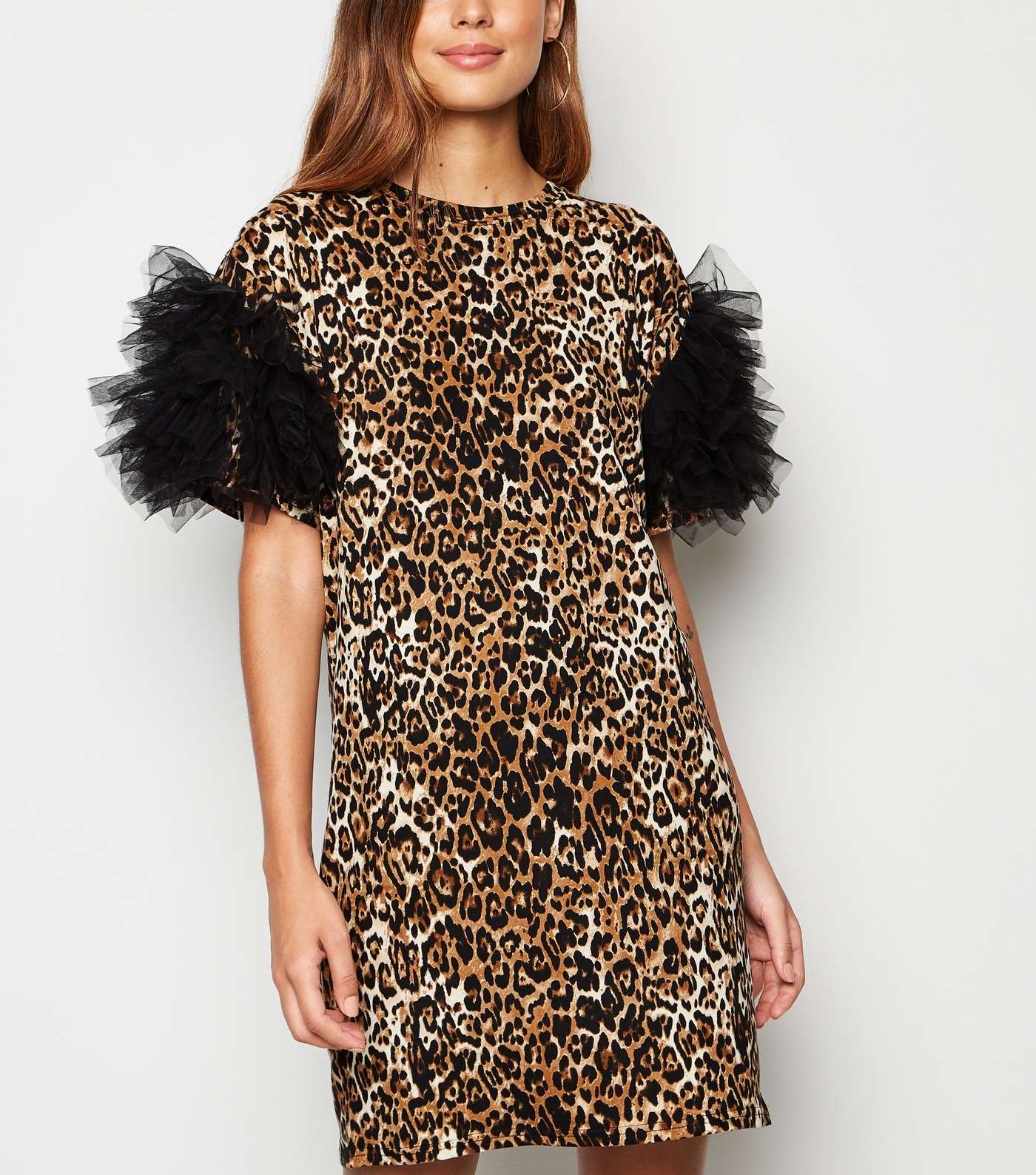 Cameo Rose Brown Leopard Mesh Ruffle Sleeve Dress
