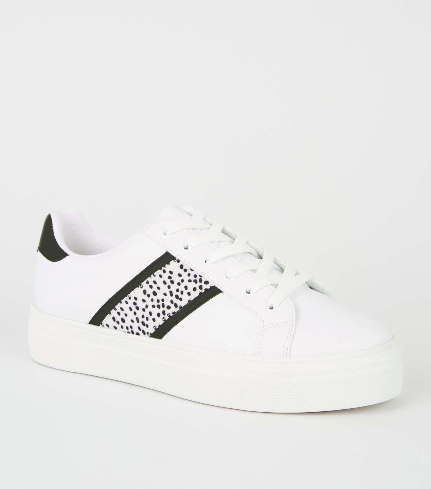 White Leather-Look Spot Stripe Lace Up Trainers