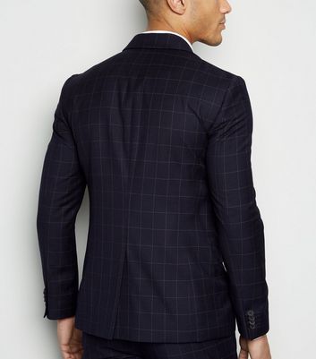 Image of Navy Grid Check Suit Jacket New Look