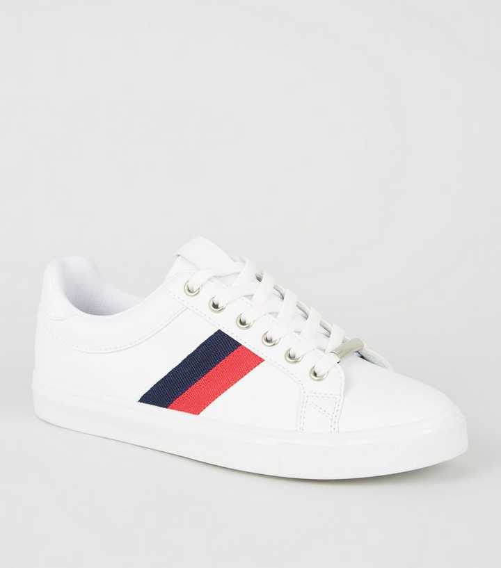 White Leather-Look Side Stripe Trainers