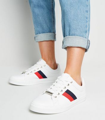 White Leather-Look Side Stripe Trainers 