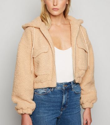 cropped hooded teddy jacket