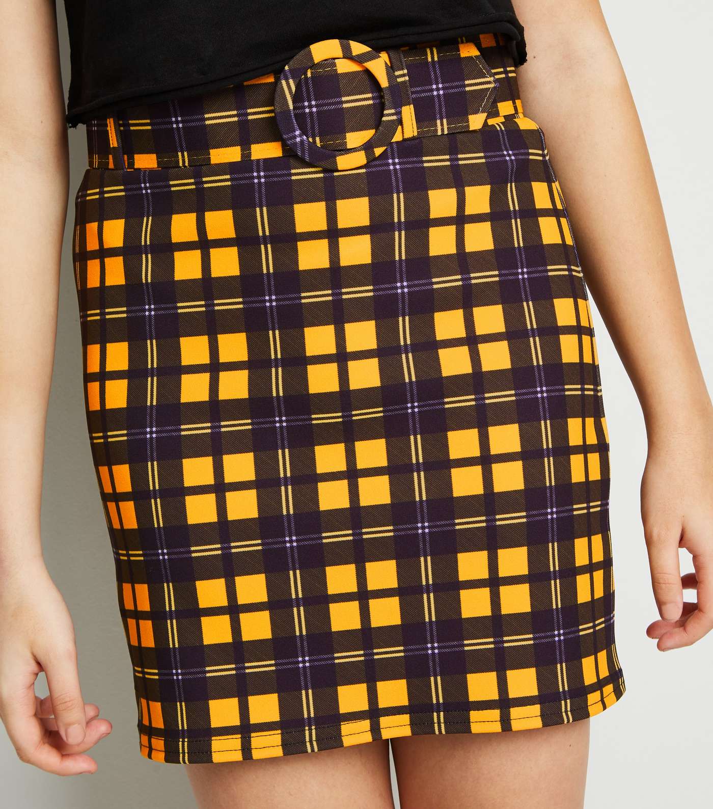 Girls Black Check Scuba Belted Mini Skirt Image 5