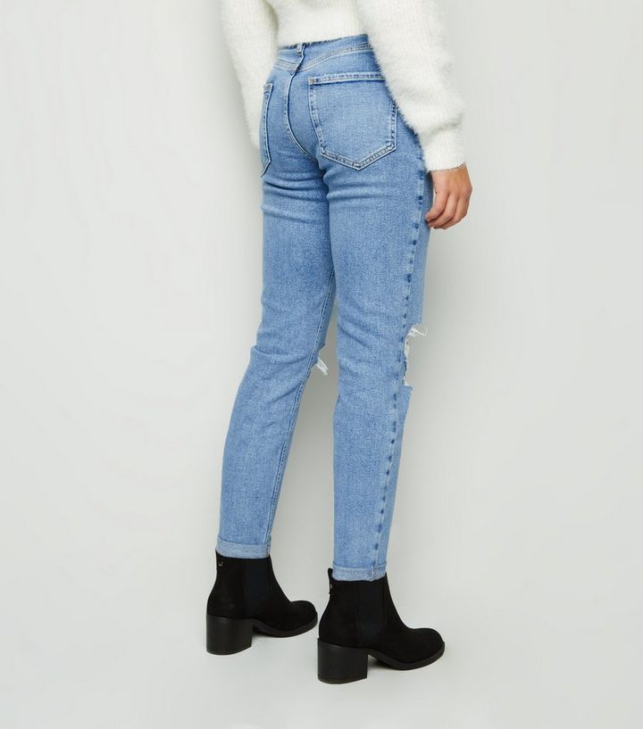 Girls Blue Ripped Comfort Stretch Mom Jeans New Look
