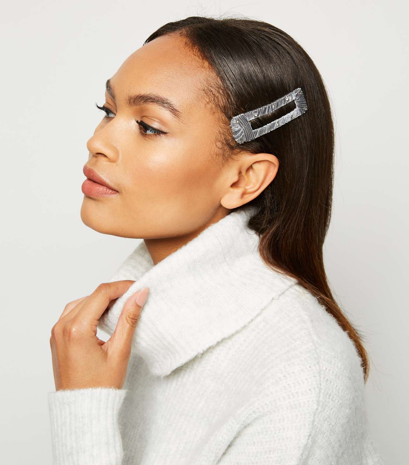 Grey Ribbed Velvet Diamanté Hair Clip Image 2