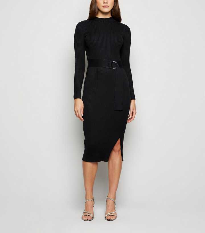 Black Ribbed Knit Ring Belted Midi Dress