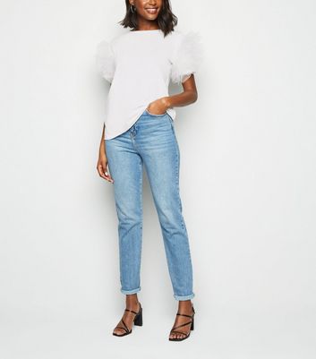 Image of Cream Mesh Ruffle Sleeve T-Shirt New Look