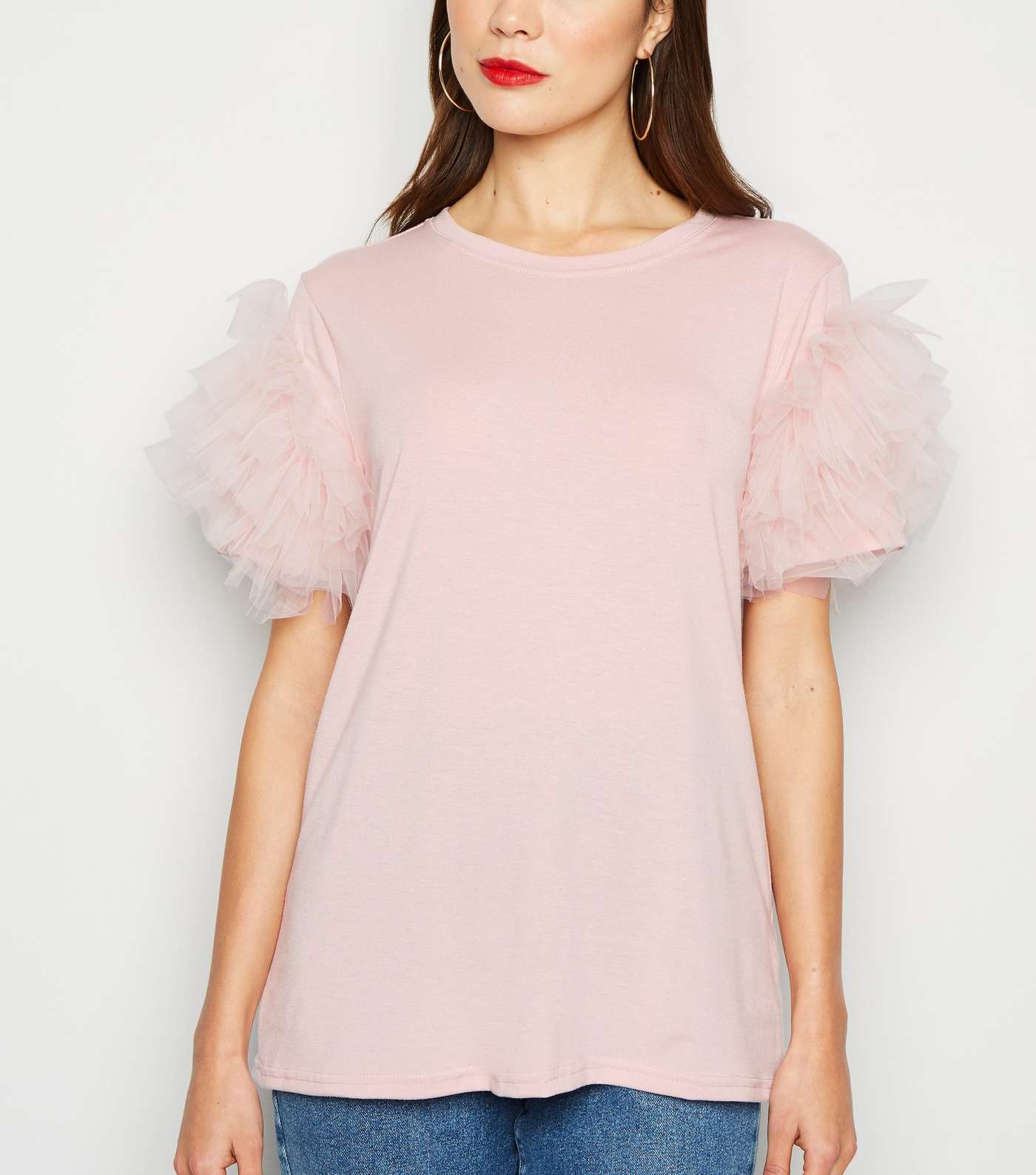 Pale Pink Mesh Ruffle Sleeve T-Shirt