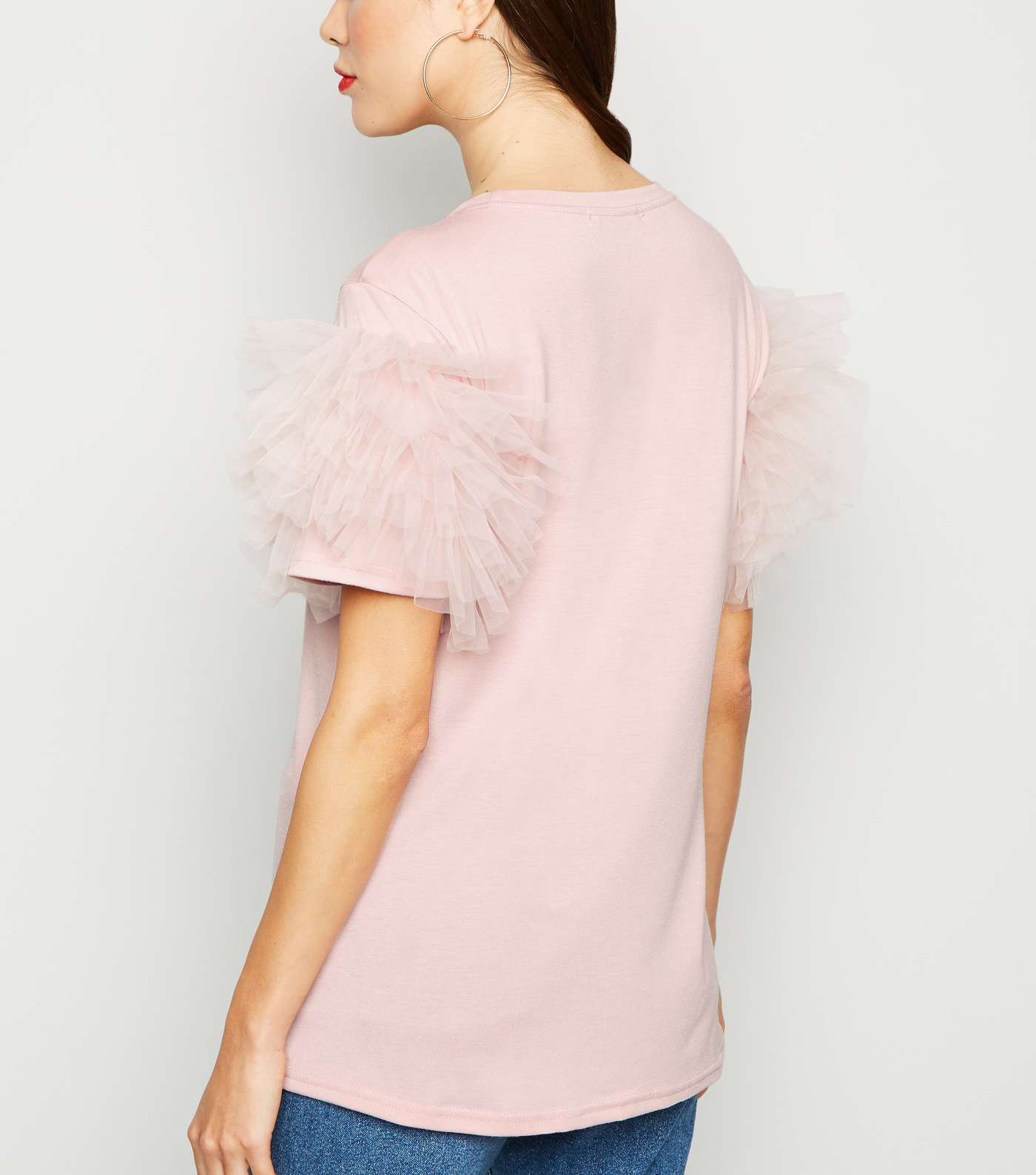 Pale Pink Mesh Ruffle Sleeve T-Shirt Image 3
