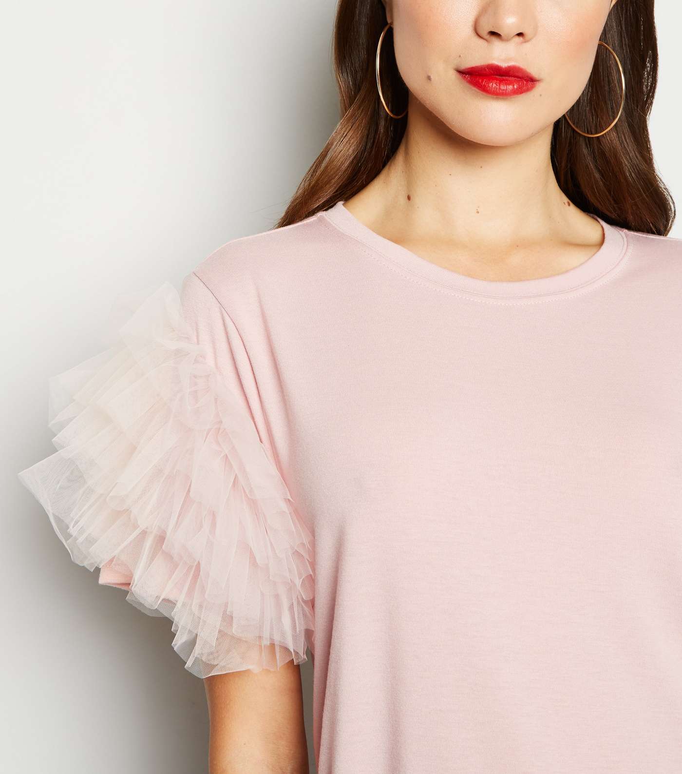Pale Pink Mesh Ruffle Sleeve T-Shirt Image 5