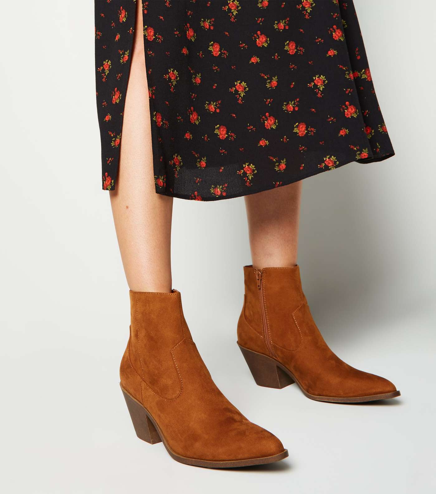 Tan Suedette Pointed Block Heel Boots Image 2