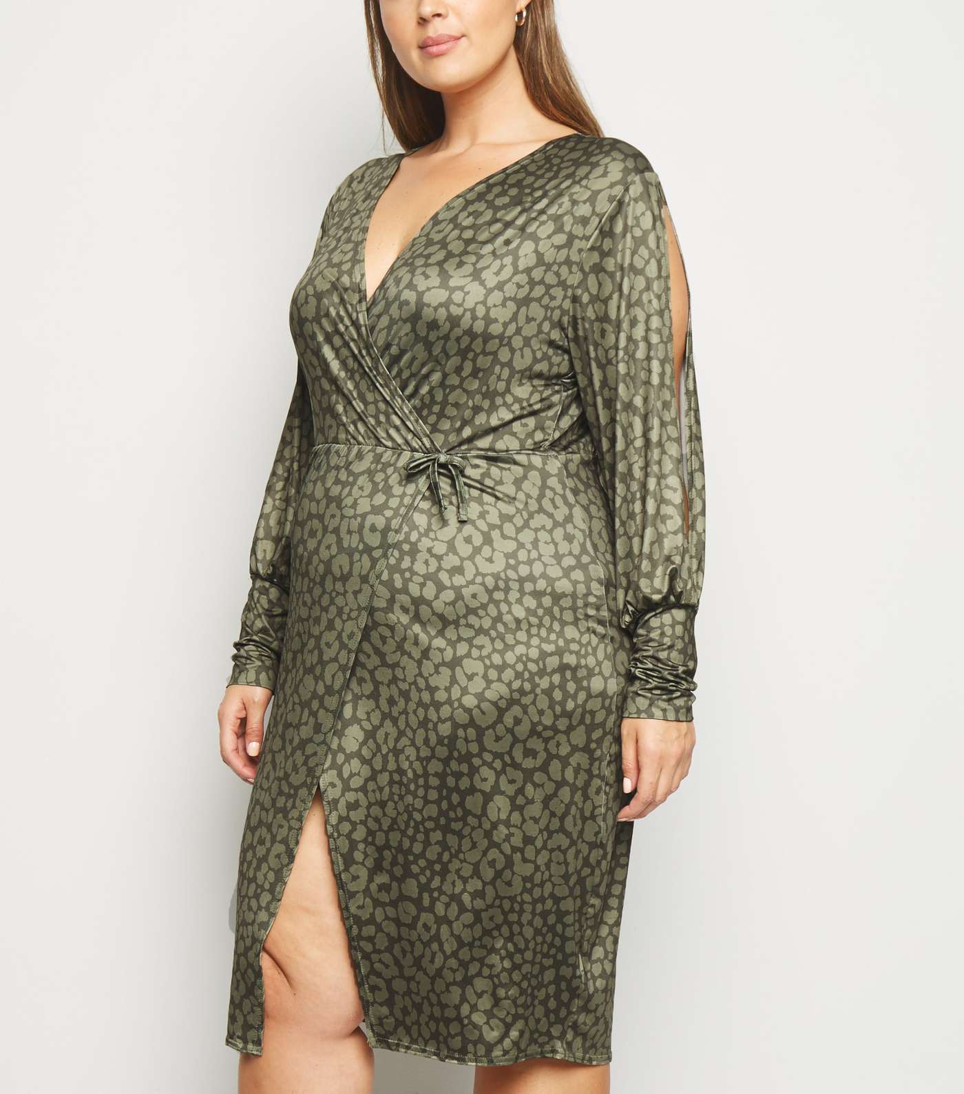 Just Curvy Khaki Leopard Print Split Sleeve Midi Dress