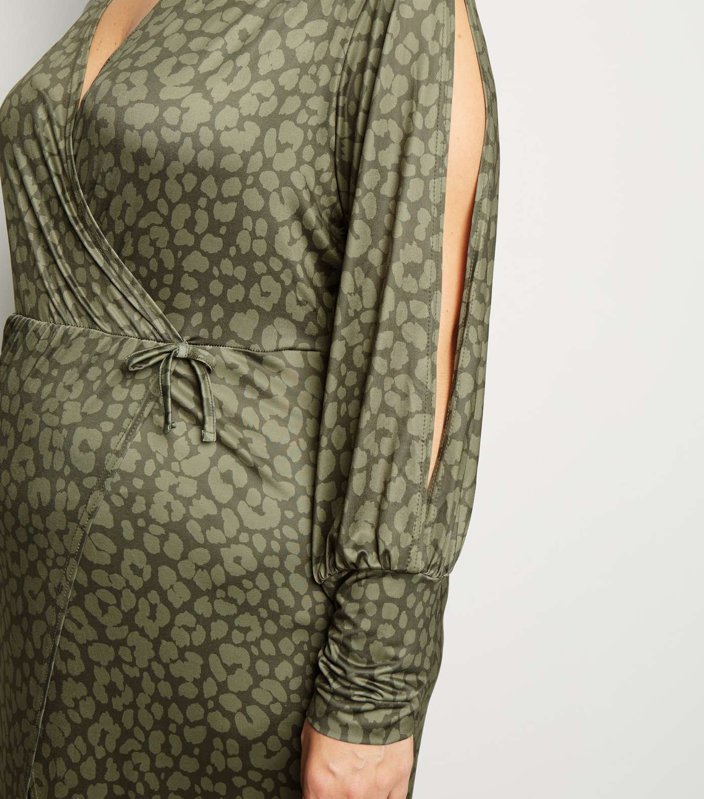 Just Curvy Khaki Leopard Print Split Sleeve Midi Dress Image 3