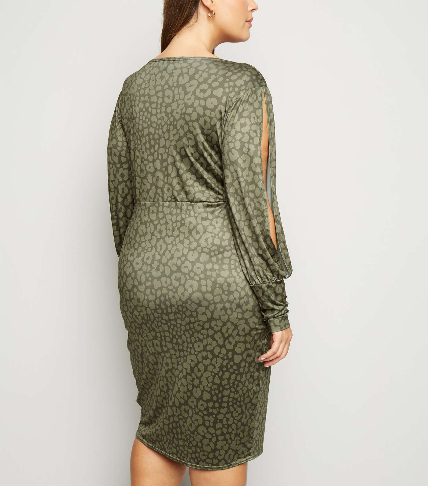 Just Curvy Khaki Leopard Print Split Sleeve Midi Dress Image 5