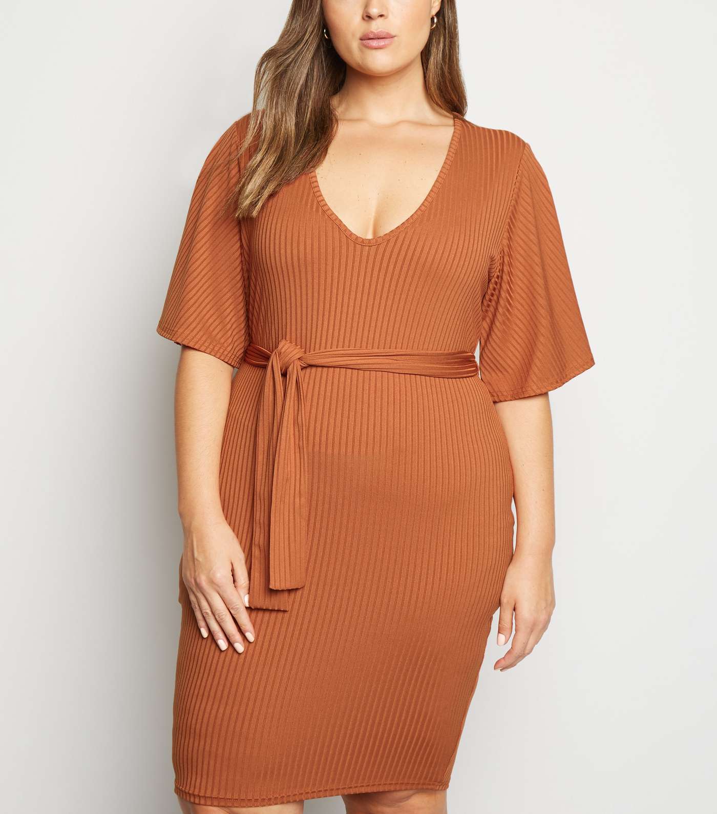 Just Curvy Rust Bell Sleeve Belted Dress