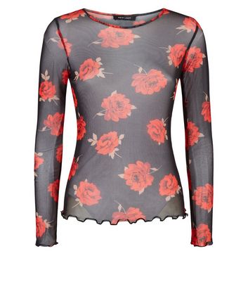 Image of Black Mesh Rose Print Long Sleeve Top New Look
