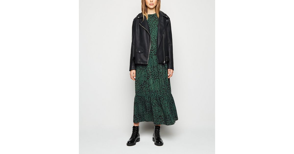 Download Green Leopard Print Tiered Smock Midi Dress | New Look