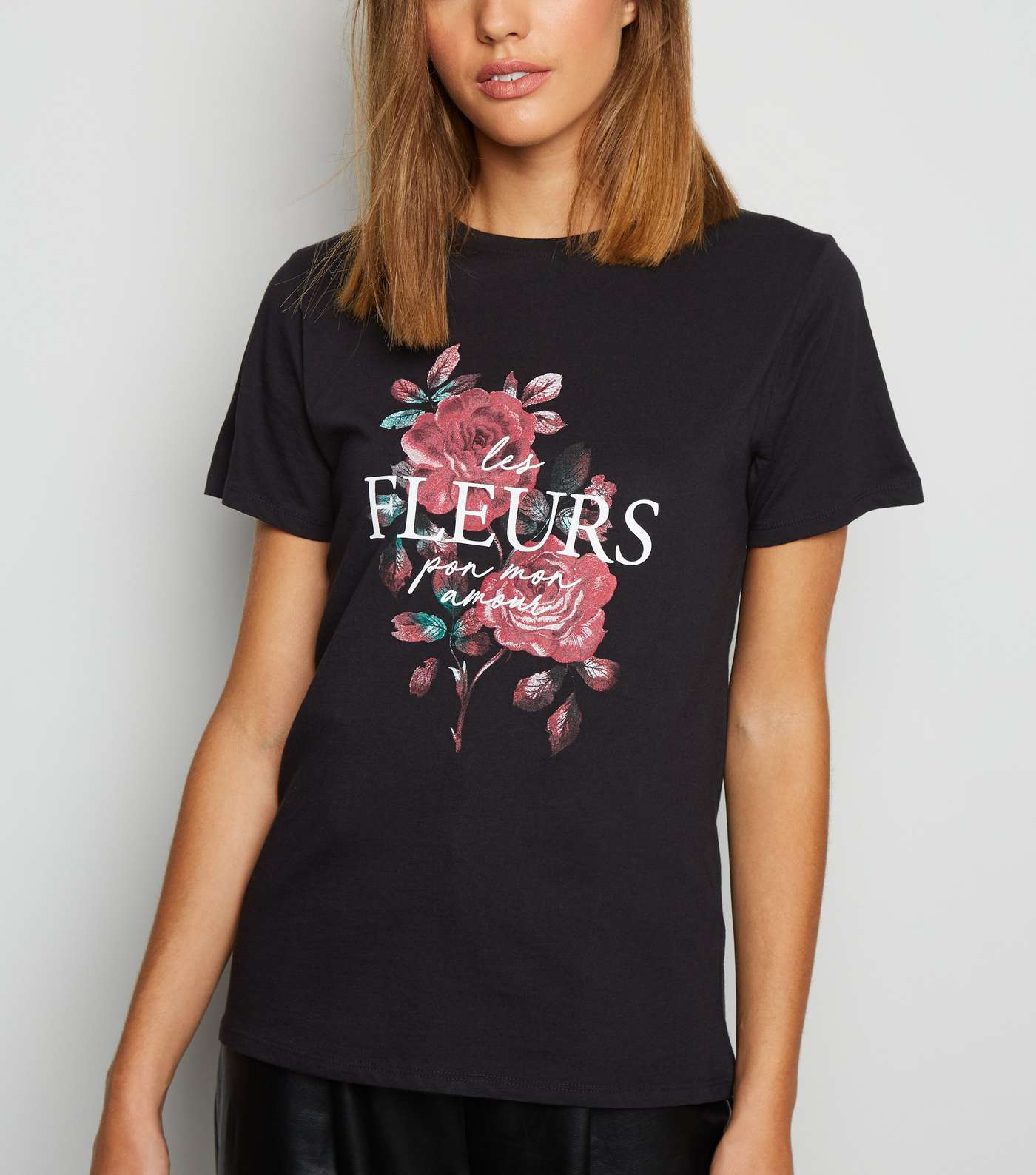 Black Les Fleurs Rose Slogan T-Shirt