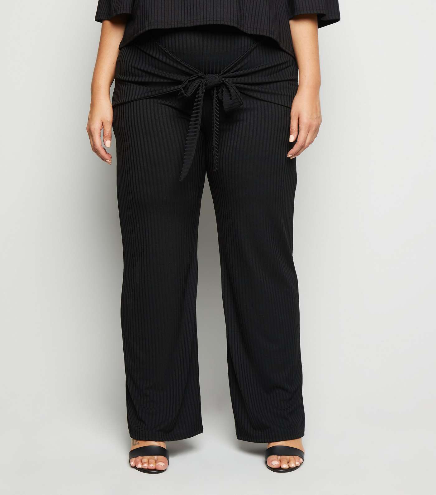 Just Curvy Black Ribbed Tie Front Trousers Image 2