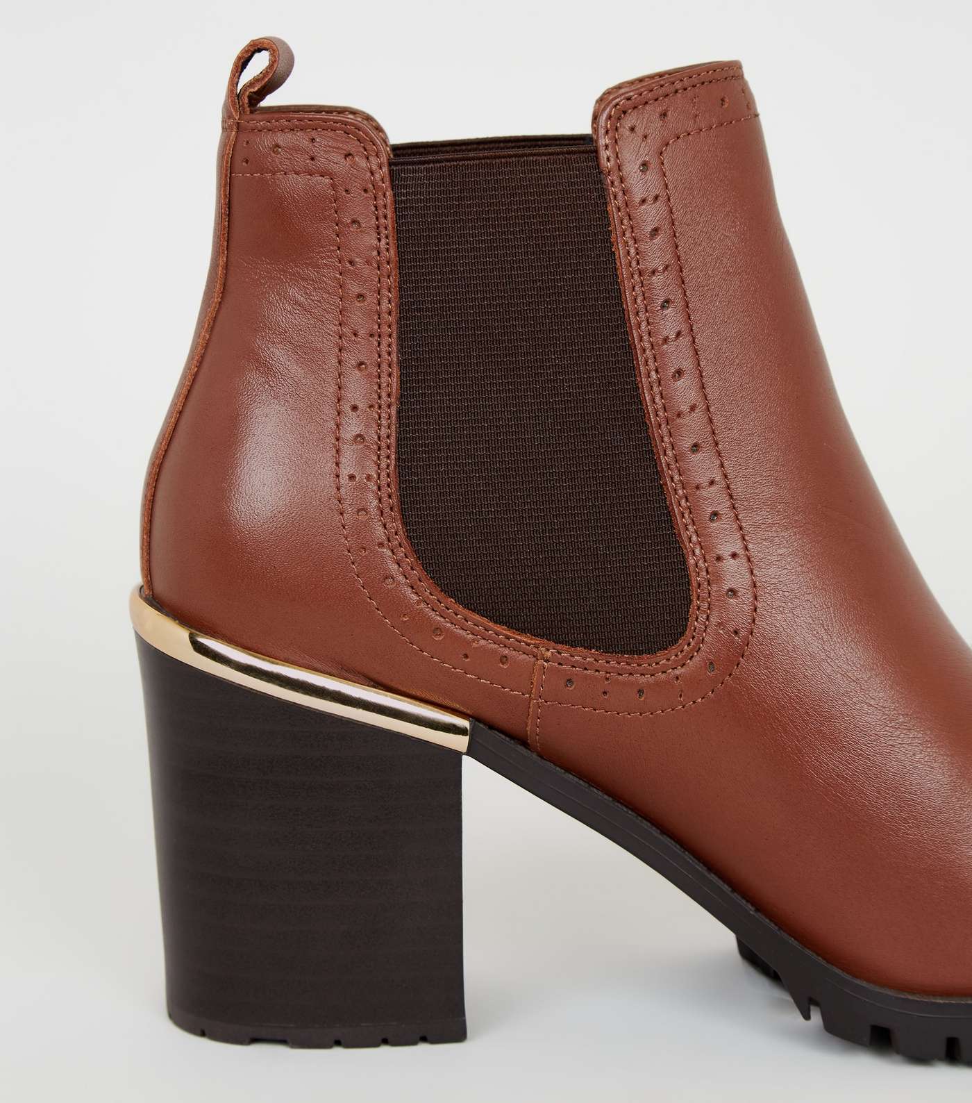 Tan Leather Brogue Chunky Heel Boots Image 4