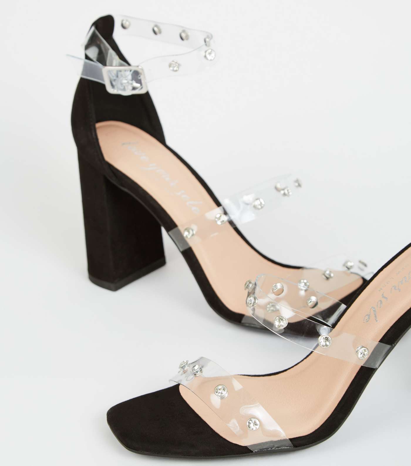 Black Suedette Diamanté Clear Strap Heels Image 3