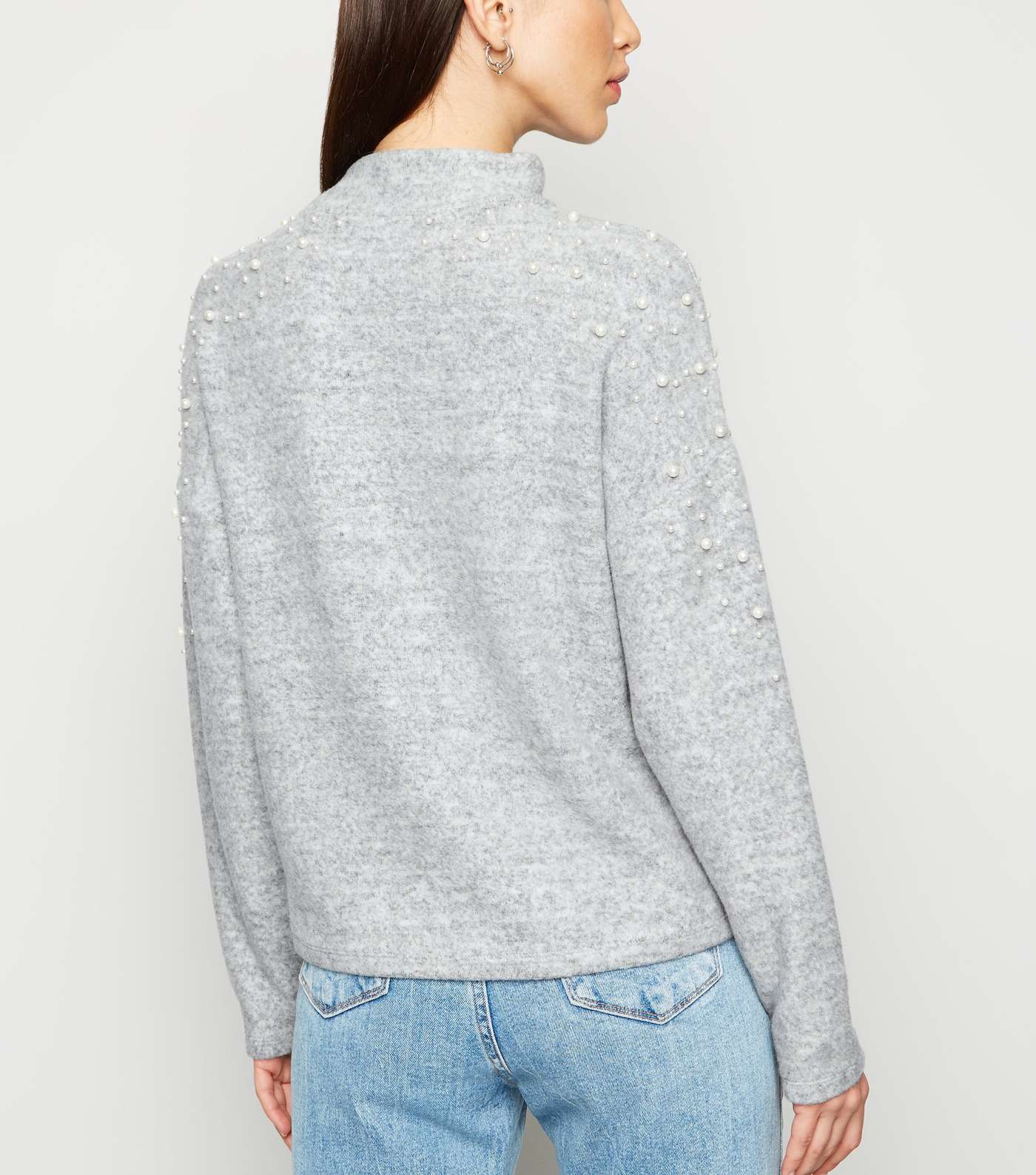 Pale Grey Faux Pearl Brushed Fine Knit Jumper Image 3