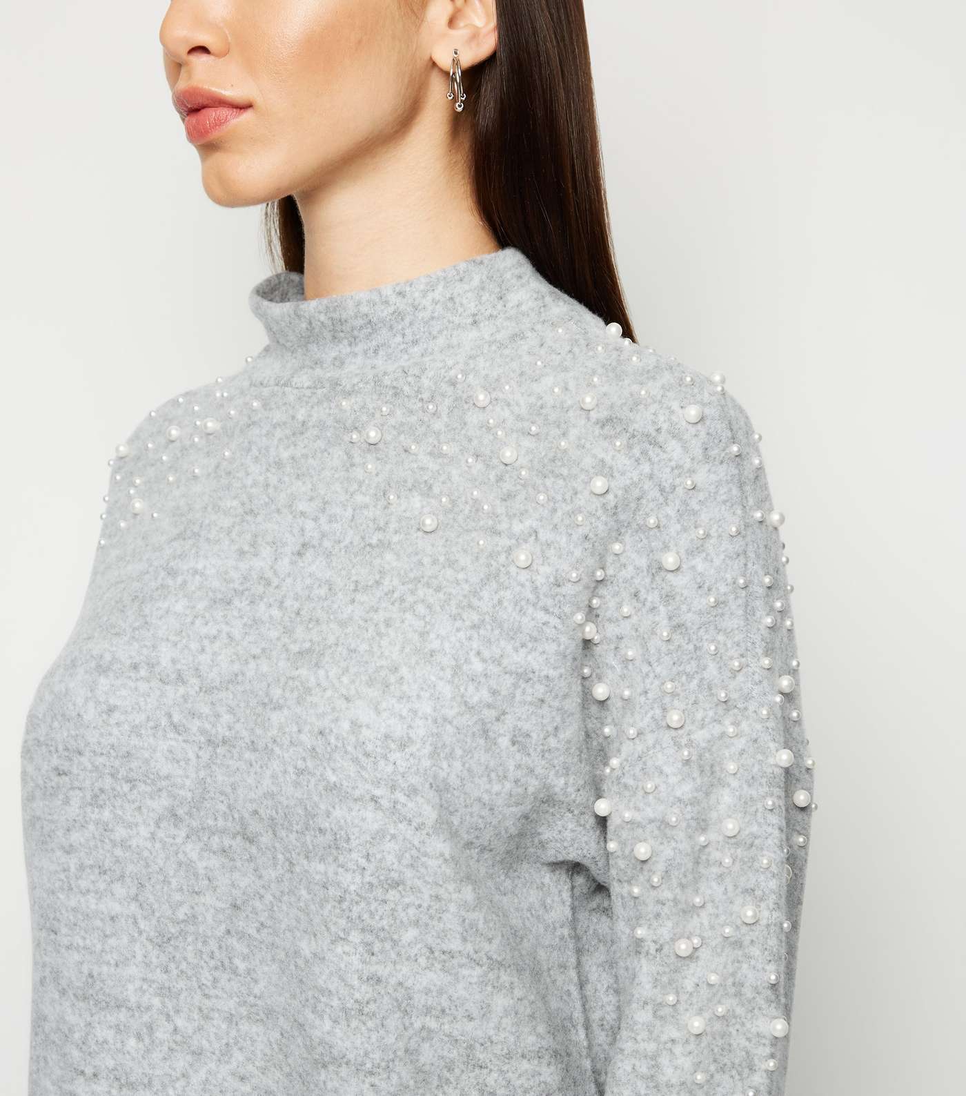 Pale Grey Faux Pearl Brushed Fine Knit Jumper Image 5