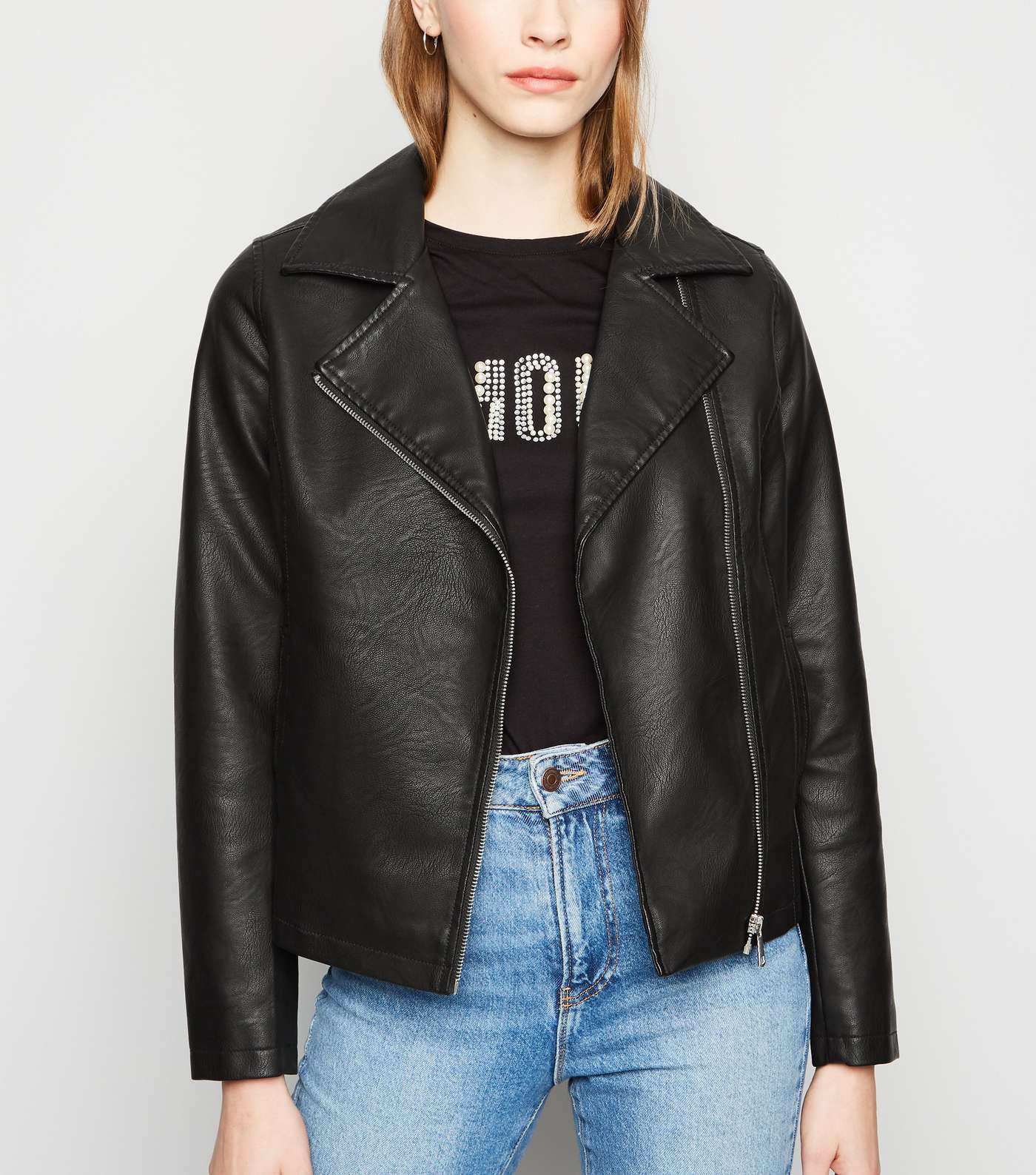 Black Coated Leather-Look Biker Jacket Image 2