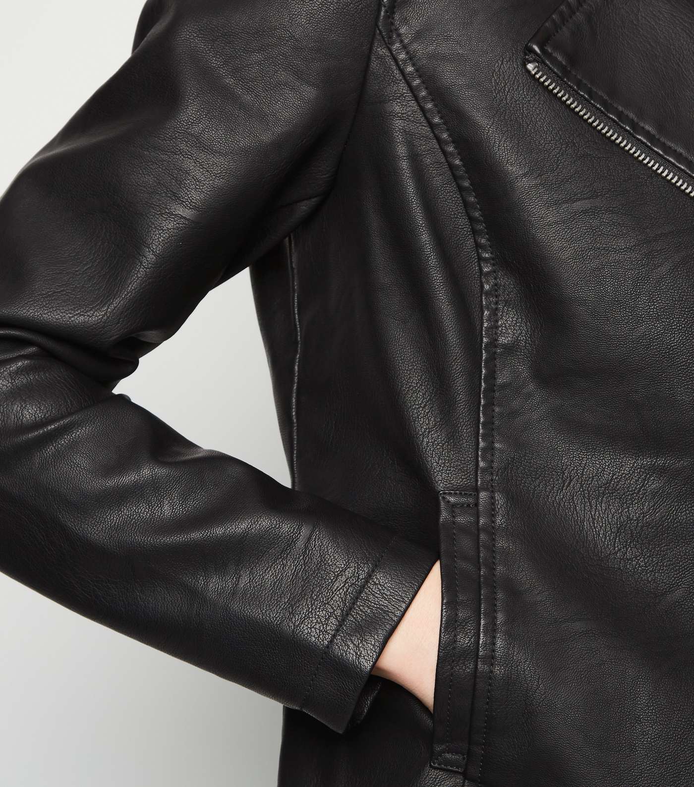 Black Coated Leather-Look Biker Jacket Image 6