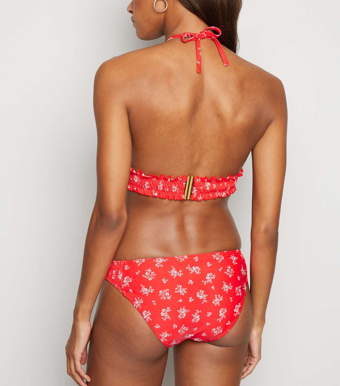 Red Ditsy Floral Shirred Longline Triangle Bikini Top Image 2