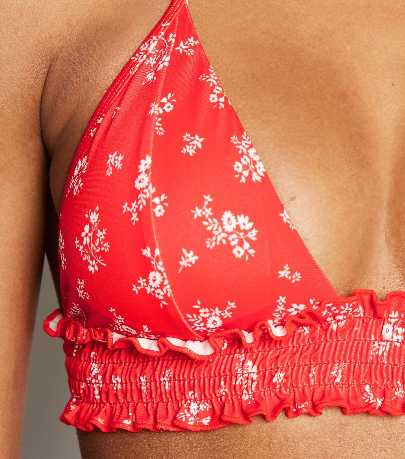 Red Ditsy Floral Shirred Longline Triangle Bikini Top Image 4
