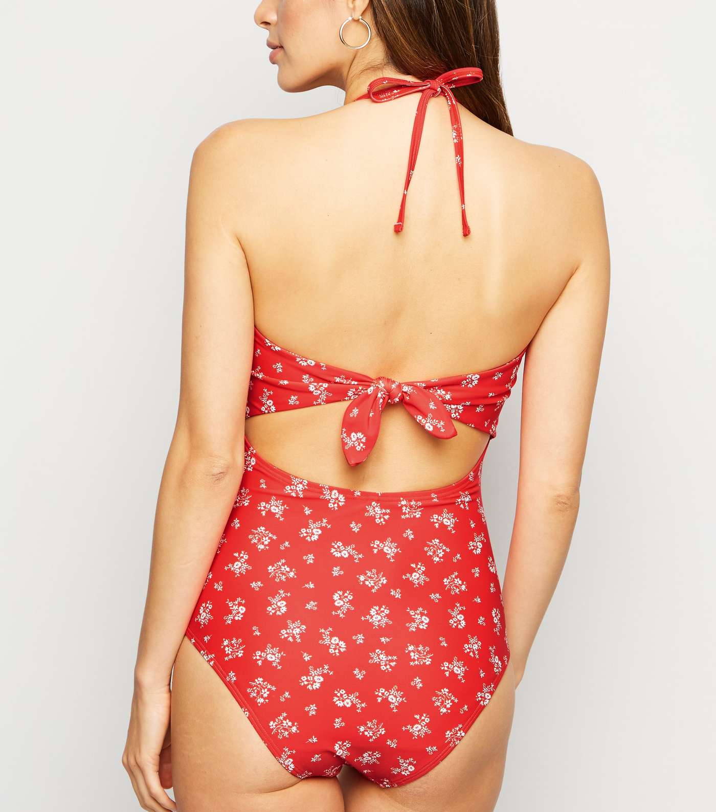 Red Ditsy Floral Tie Back Swimsuit Image 2