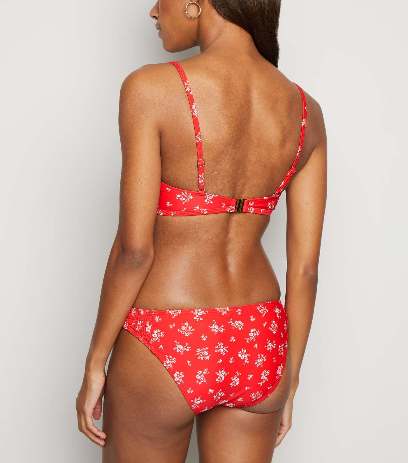 Red Ditsy Floral Shirred Crop Bikini Top Image 2