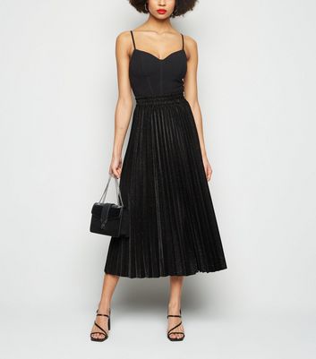 Black Glitter Pleated Midi Skirt | New Look