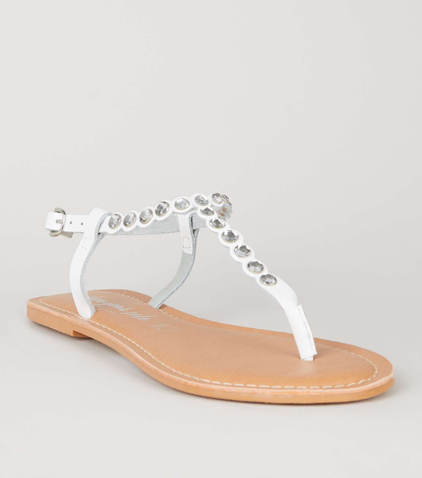 White Leather Gem Embellished Flat Sandals