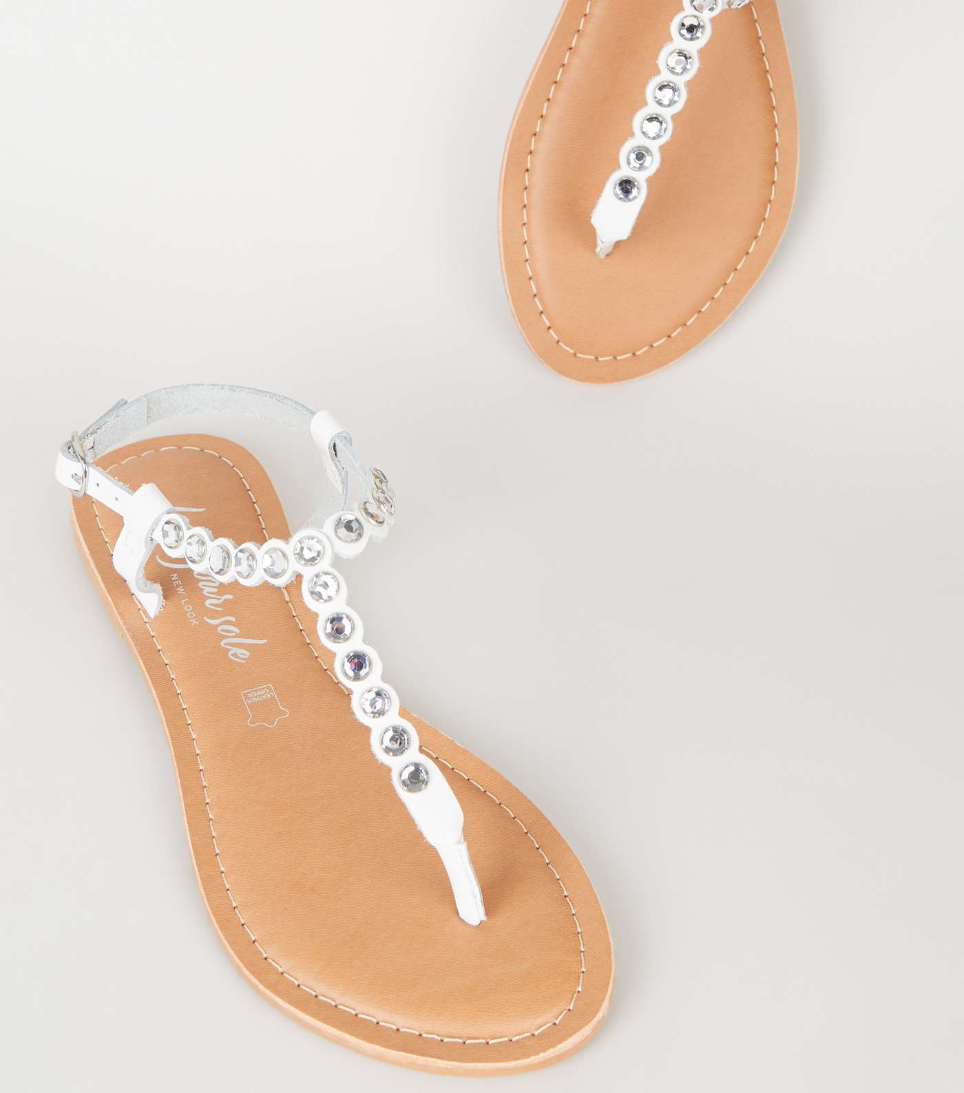 White Leather Gem Embellished Flat Sandals Image 3