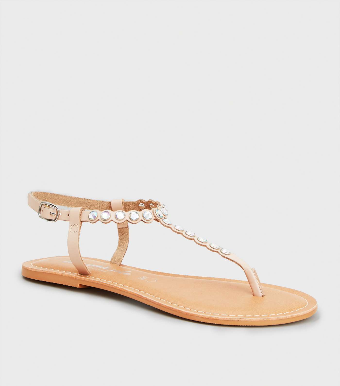 Pale Pink Leather Gem Embellished Flat Sandals
