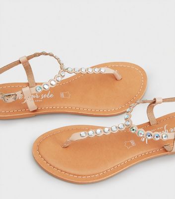 Pale Pink Leather Gem Embellished Flat Sandals | New Look
