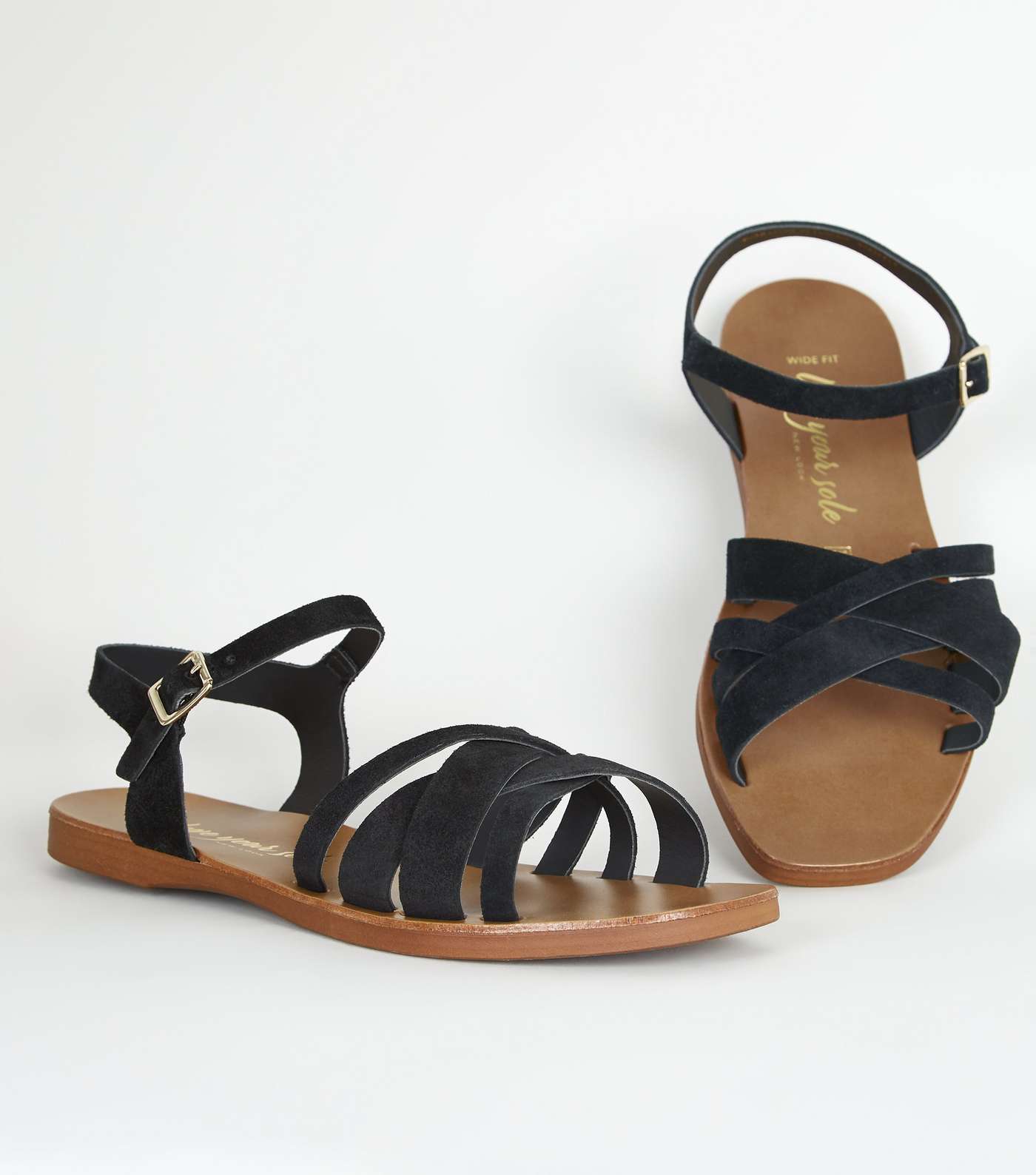 Wide Fit Black Suede 2 Part Strappy Sandals Image 3