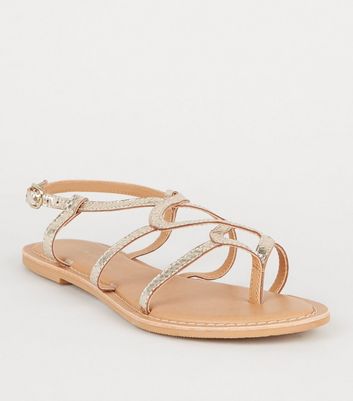 Wide Fit Gold Metallic Cross Strap 2 Part Sandals | New Look