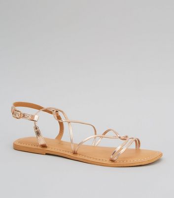 Gold Leather Plaited Strappy Flat Sandals | New Look