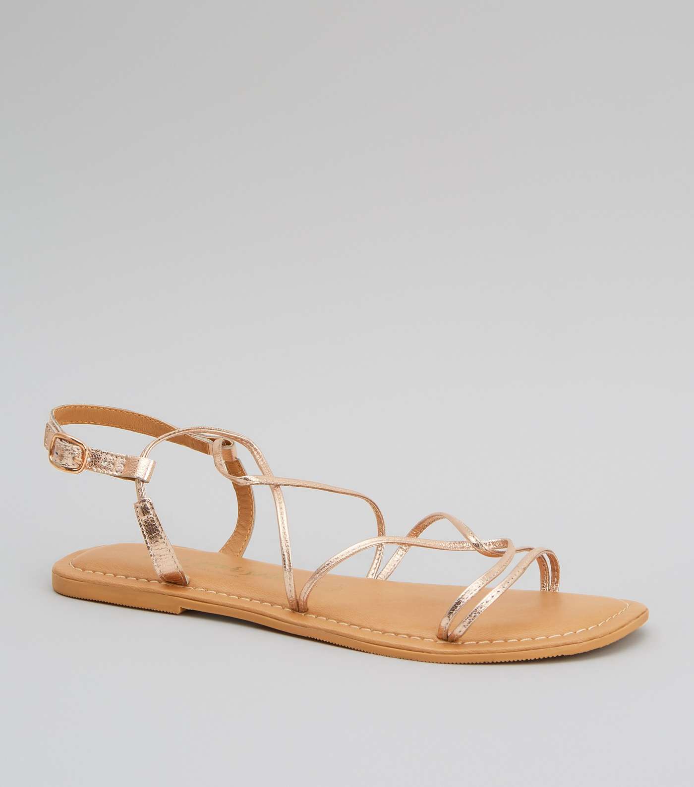 Rose Gold Leather Strappy Flat Sandals