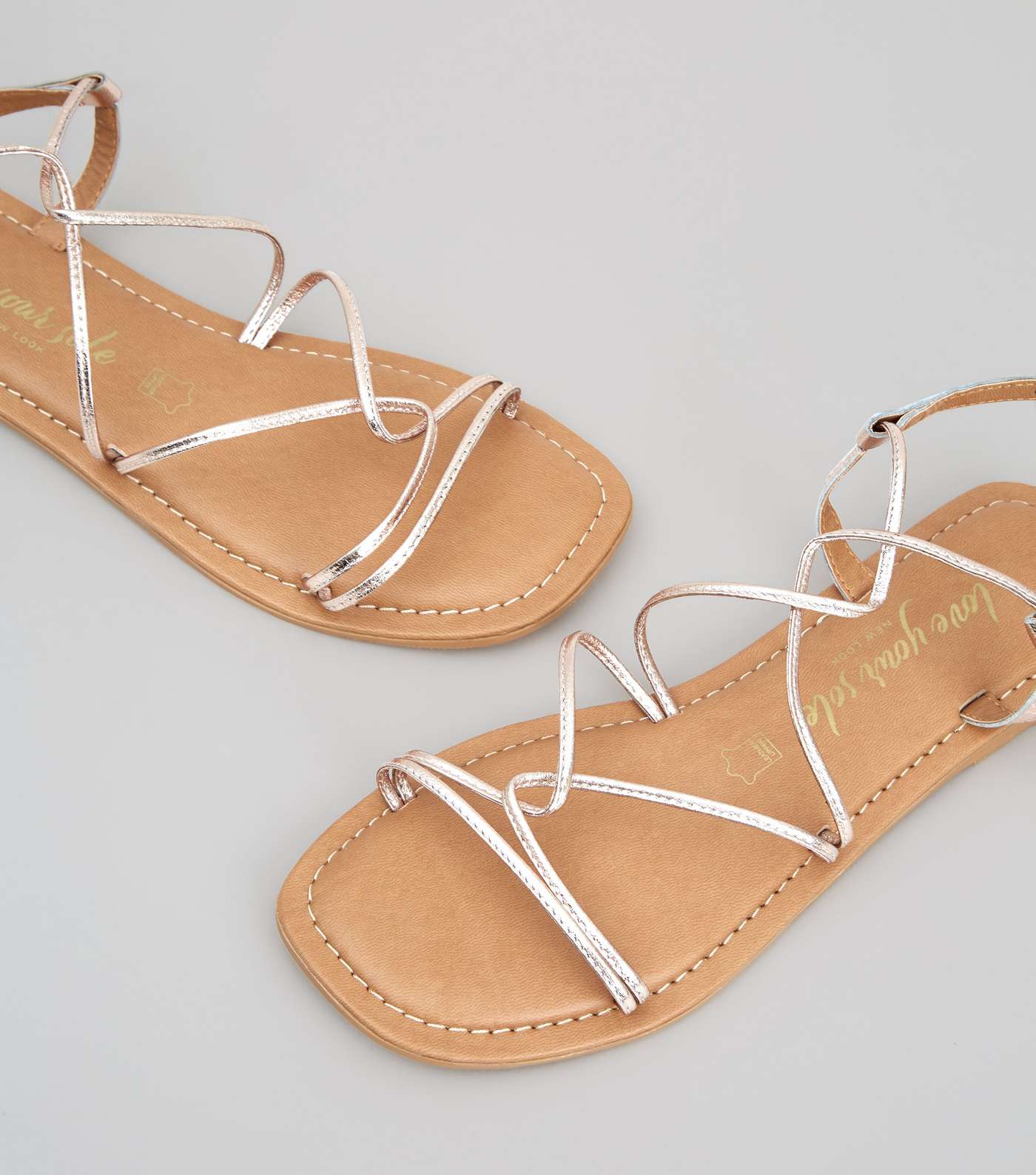 Rose Gold Leather Strappy Flat Sandals Image 3